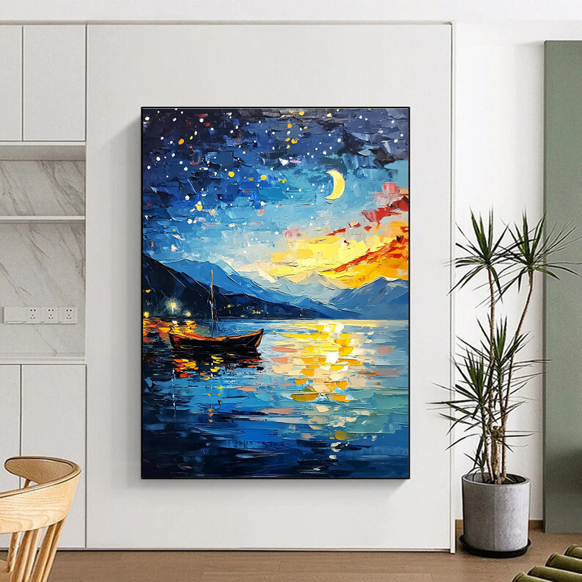 Moonlit Lake with Boat Enchanting Landscape Abstract Painting GAB0283