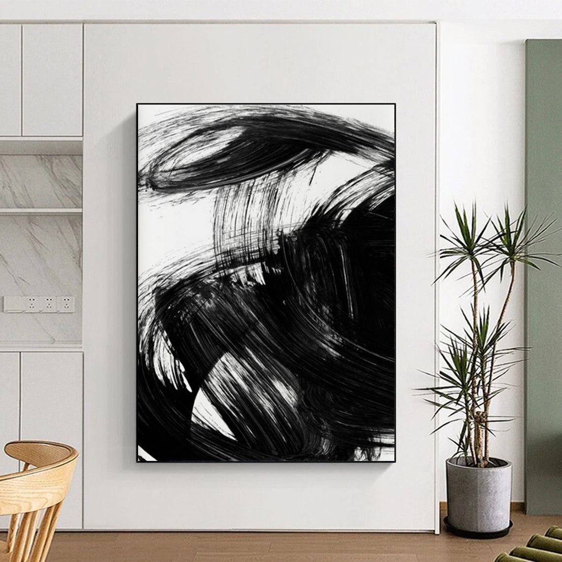 Bold Black Ink Abstract Painting for Zen - Inspired Meditation Spaces HENG195