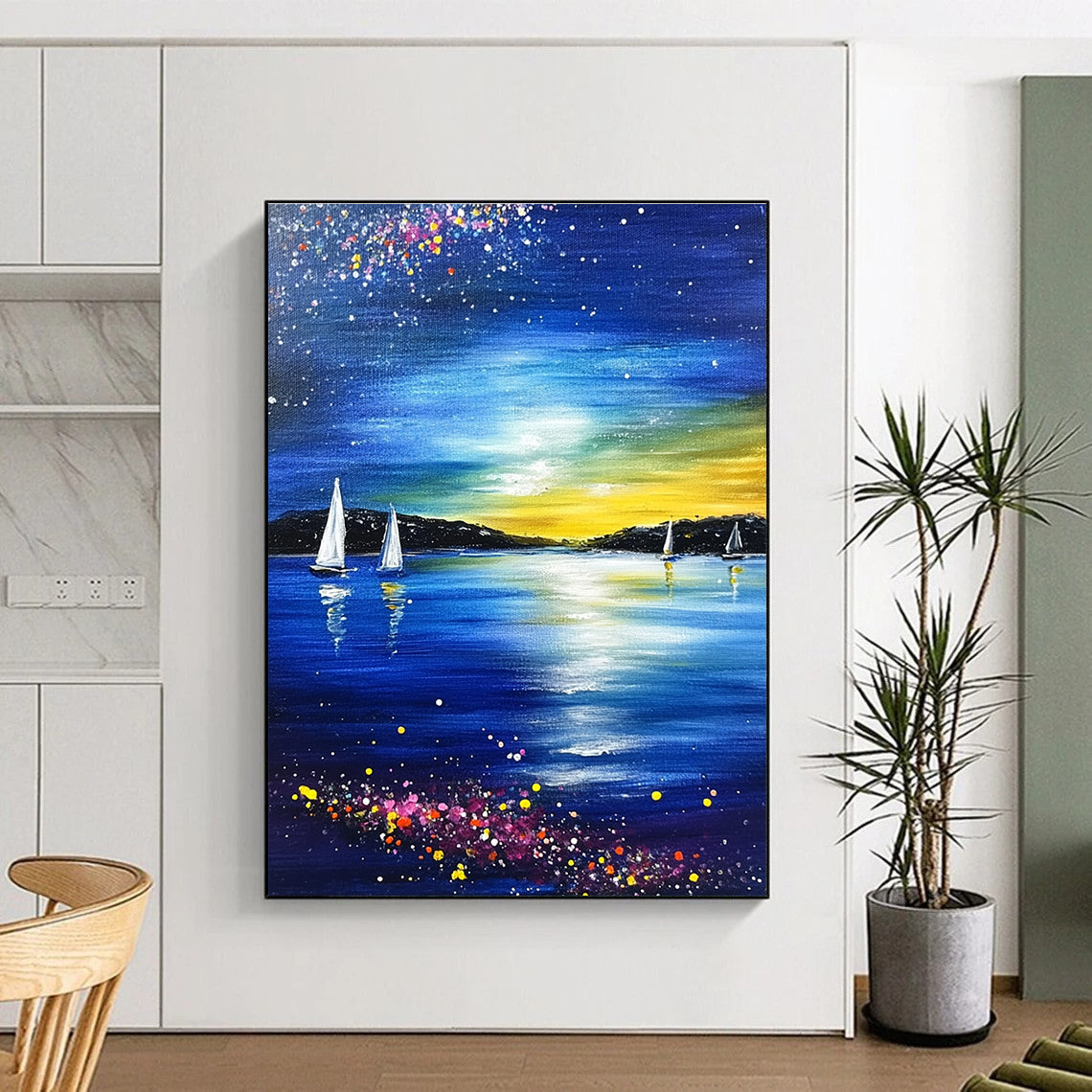 Starry Night Seaside Abstract Painting for Coastal - Themed Living Rooms GAB1015