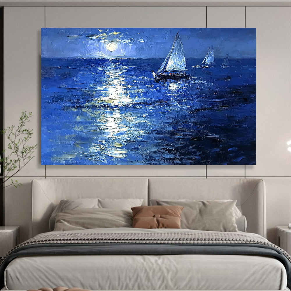 Moonlit Sailboats on Sea Abstract Painting with Nocturnal Serenity ABS601