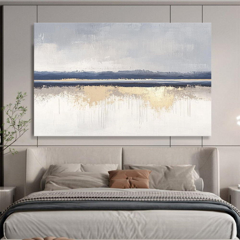 Minimalist Gray - Blue - Gold Abstract Landscape Painting ABS199