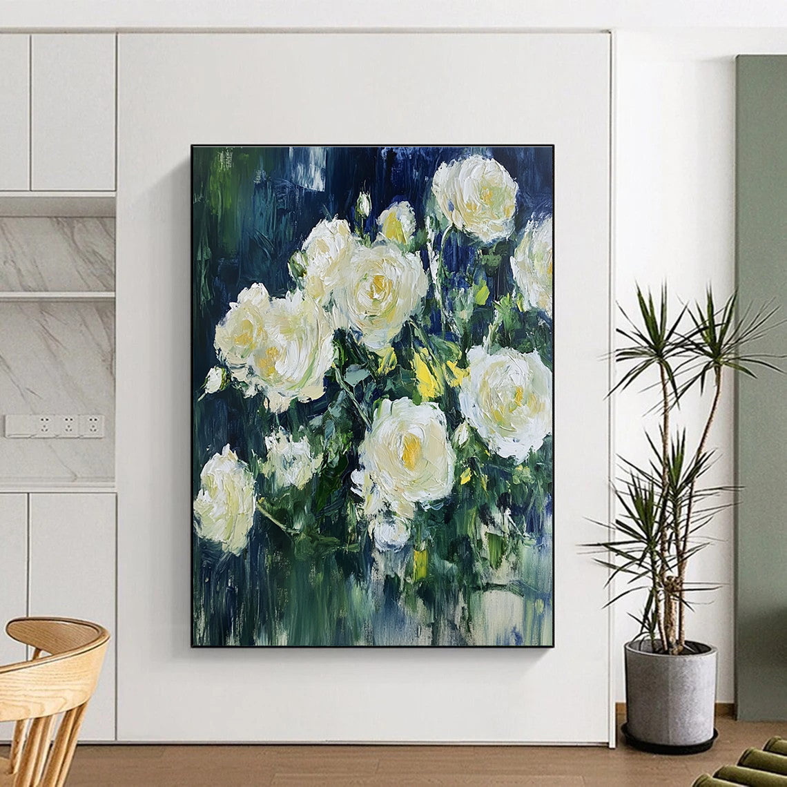 White Roses in Blue Impressionistic Abstract Painting for Romantic Spaces GAB1537
