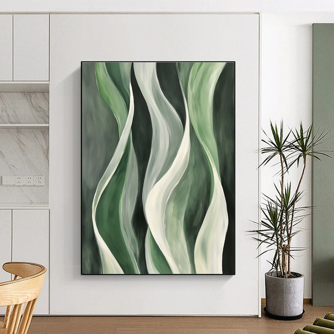 Green and White Flowing Forms Abstract Painting with Organic Grace WINK241