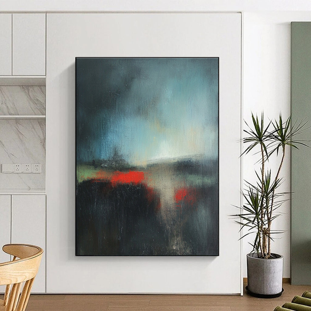 Dark Abstract Landscape with Red Accents Painting for Dramatic Home Theaters GAB1166