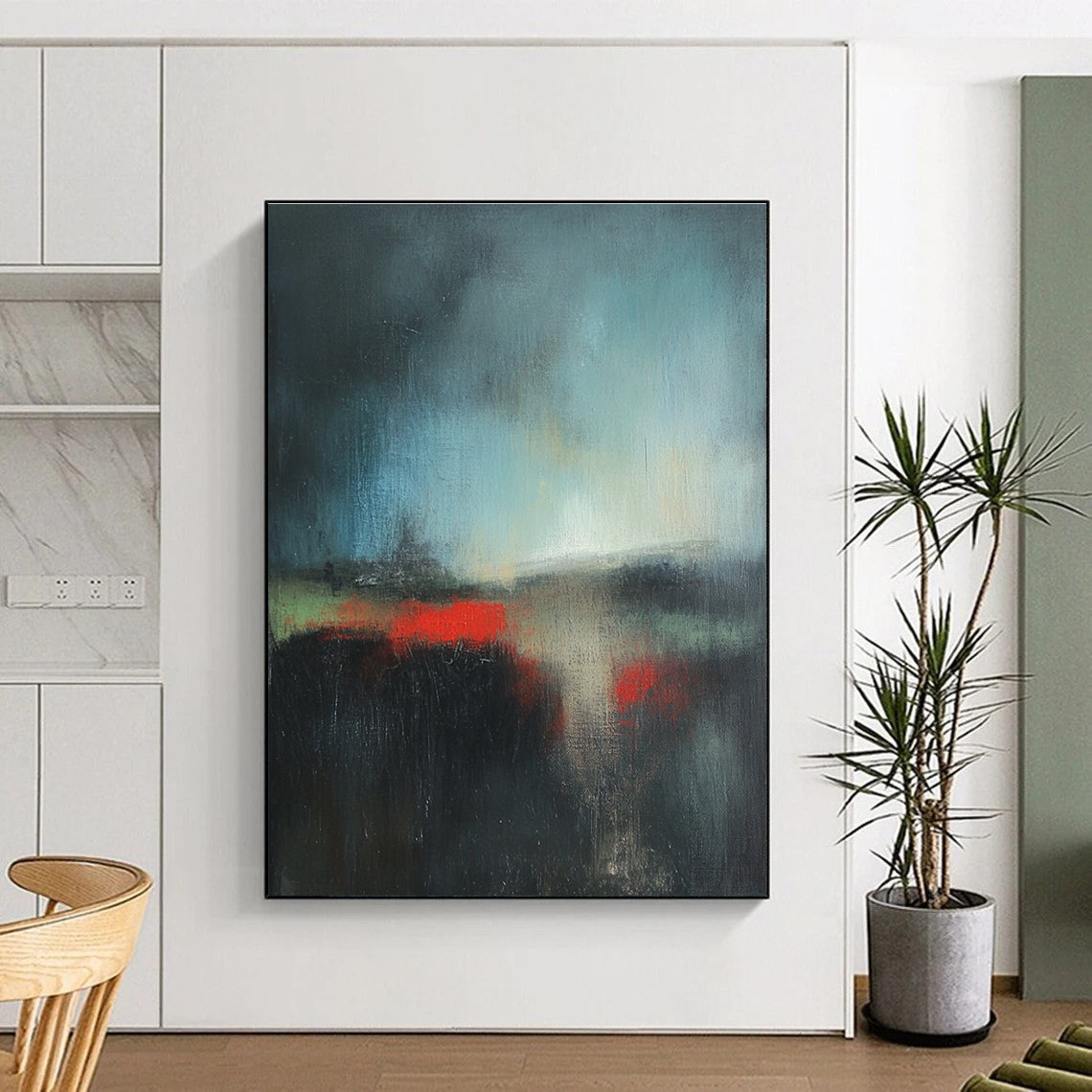 Dark Abstract Landscape with Red Accents Painting for Dramatic Home Theaters GAB1166