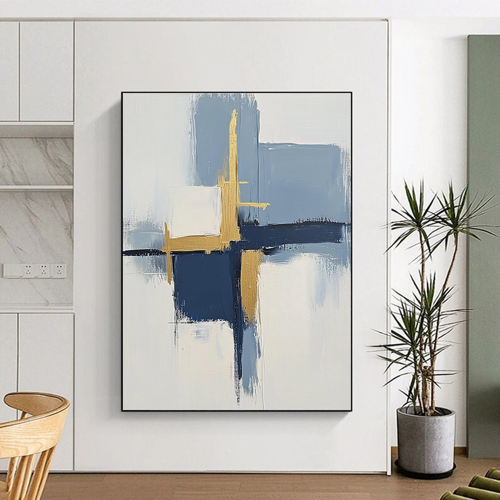 Blue Gold White Abstract Painting with Modern Elegance WINK566
