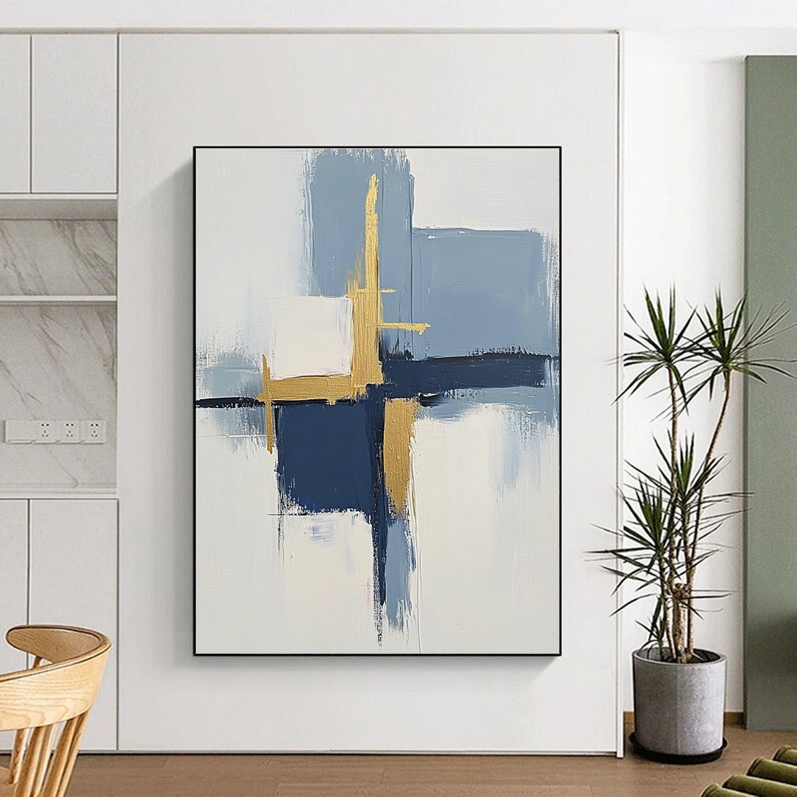 Blue Gold White Abstract Painting with Modern Elegance WINK566