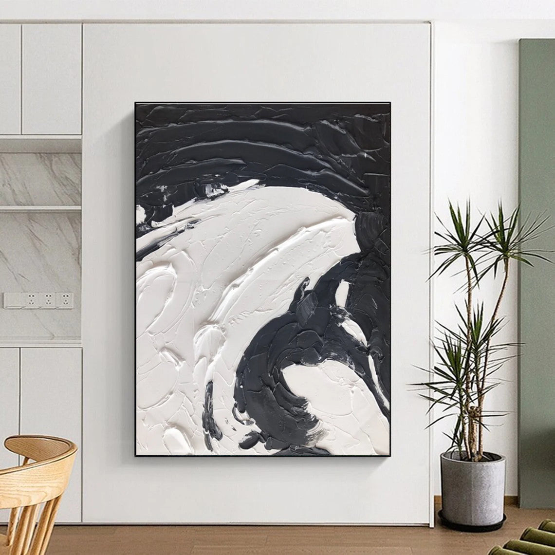 Black - White Swirl Textured Abstract Painting for Contemporary Living Rooms HENG393
