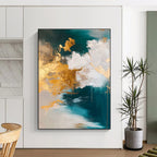 Teal Gold Abstract Clouds Painting with Metallic Accents WINK630