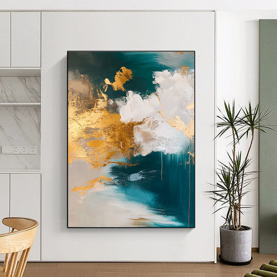 Teal Gold Abstract Clouds Painting with Metallic Accents WINK630