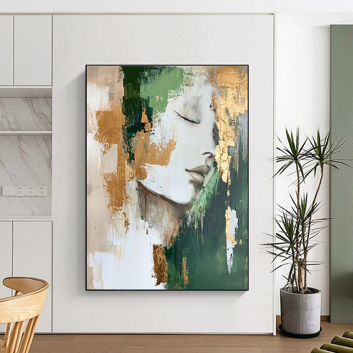 Abstract Portrait Painting with Green and Gold Elements GAB0665