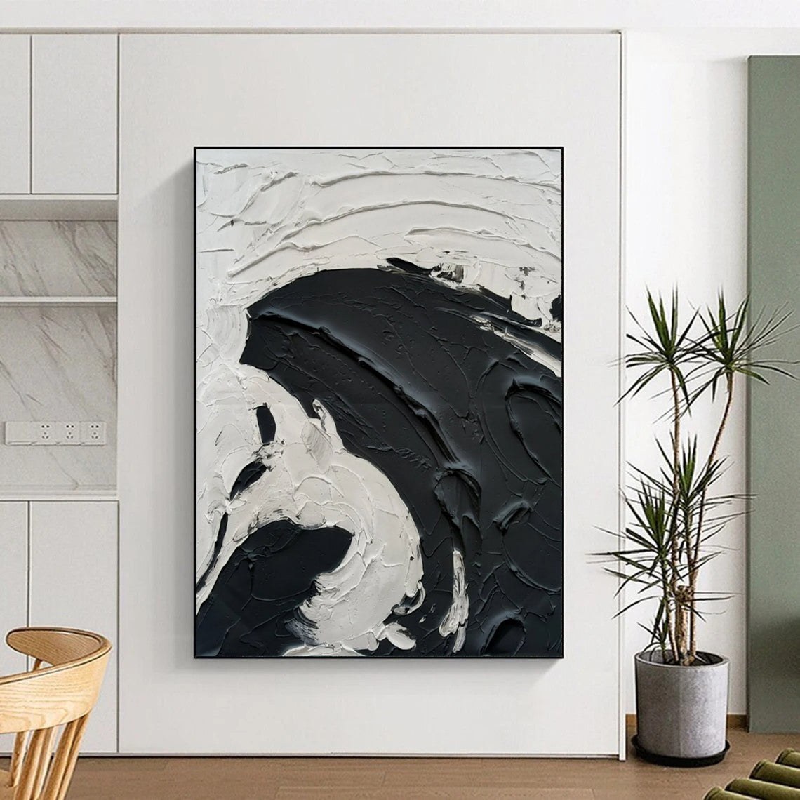 Black - White Swirl Textured Art Abstract Painting for Bold Interiors HENG389
