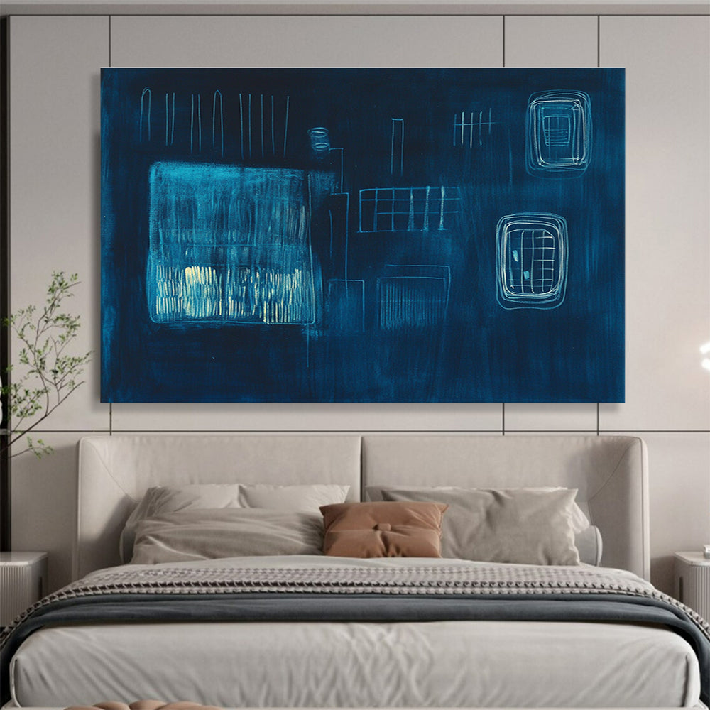 Dark Blue Abstract Forms Painting with Subtle, Mysterious Compositions ABS506