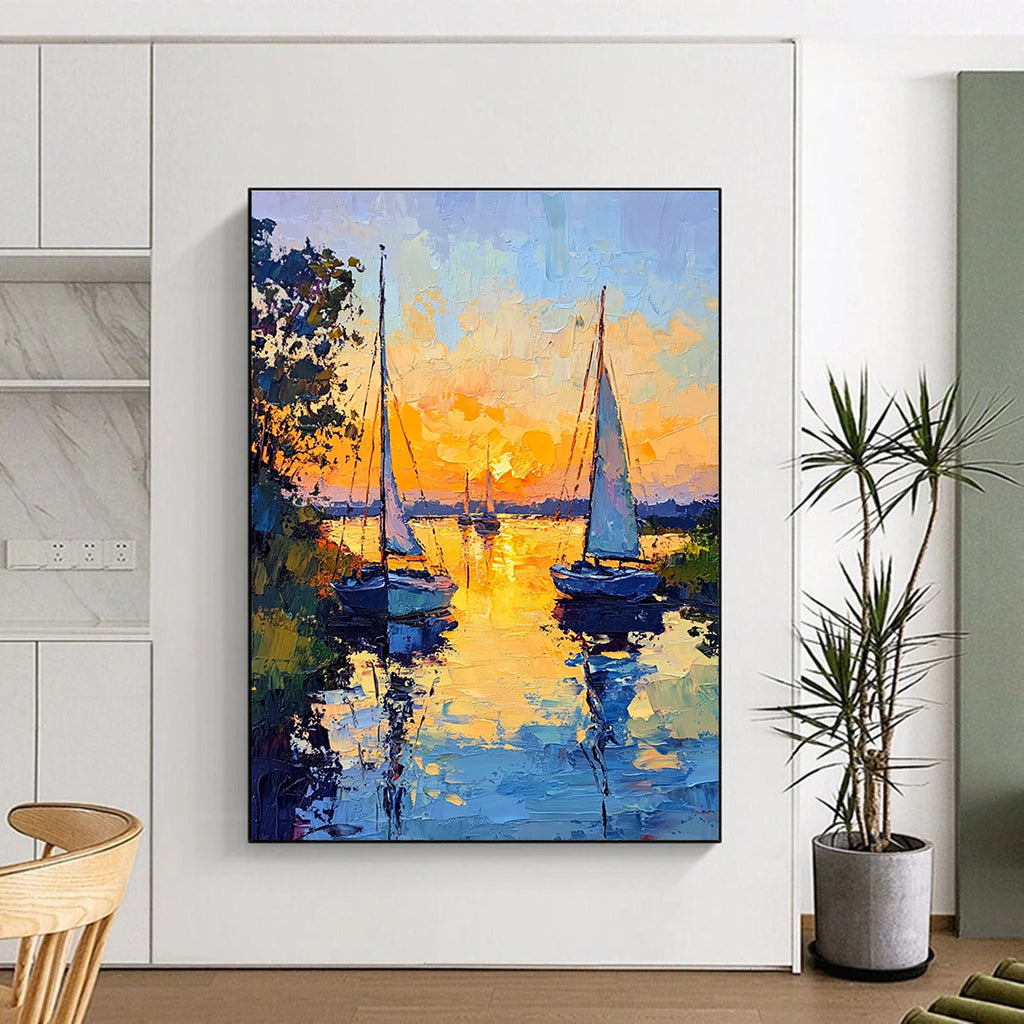 Sailboats at Sunset Impressionistic Abstract Painting for Coastal Homes GAB1438