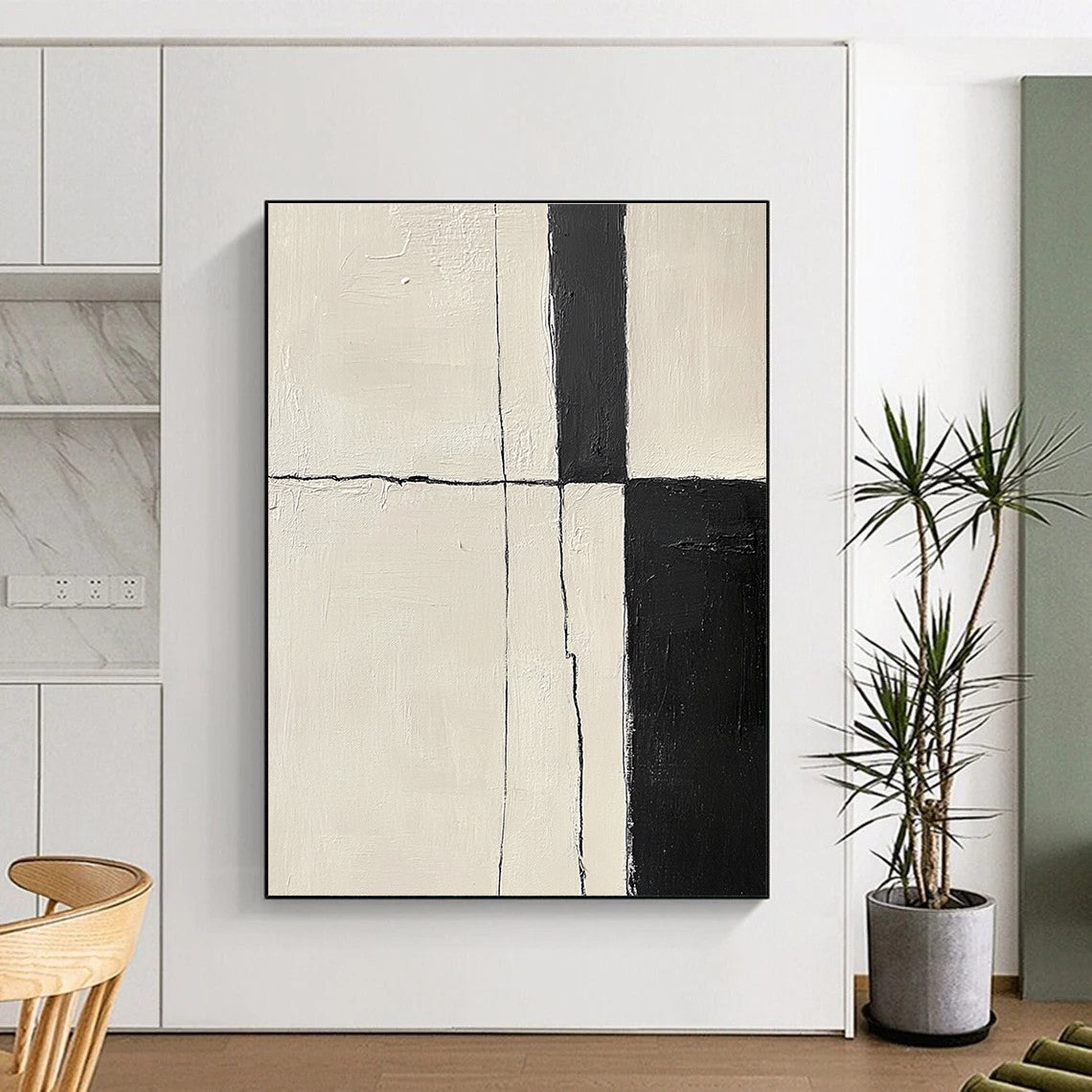 Bold Black and White Lines Abstract Painting with Structured Impact WINK178