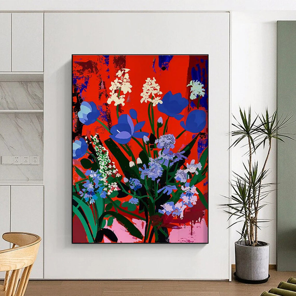 Blue and White Blooms Abstract Painting for Elegant Dining Spaces HENG101