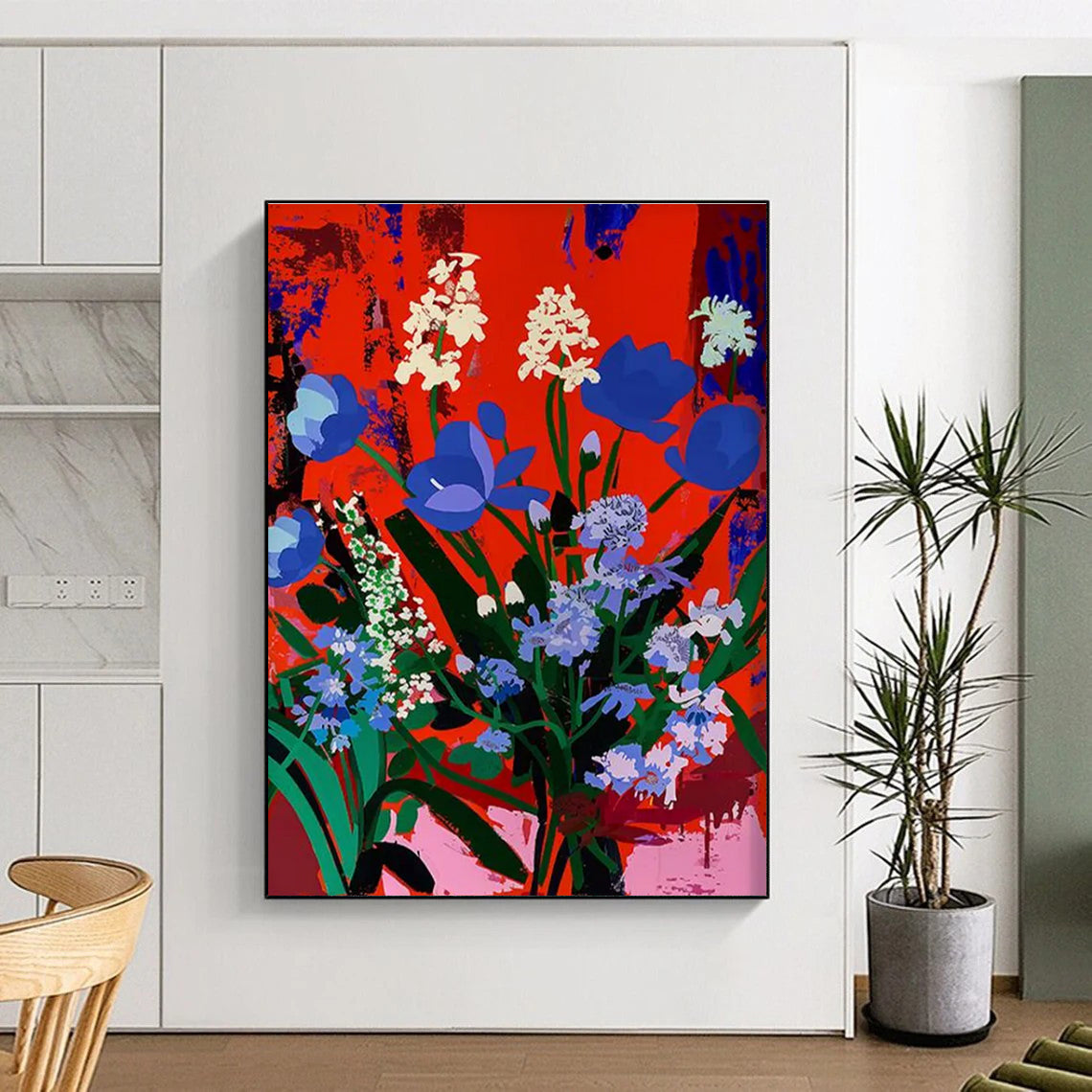 Blue and White Blooms Abstract Painting for Elegant Dining Spaces HENG101