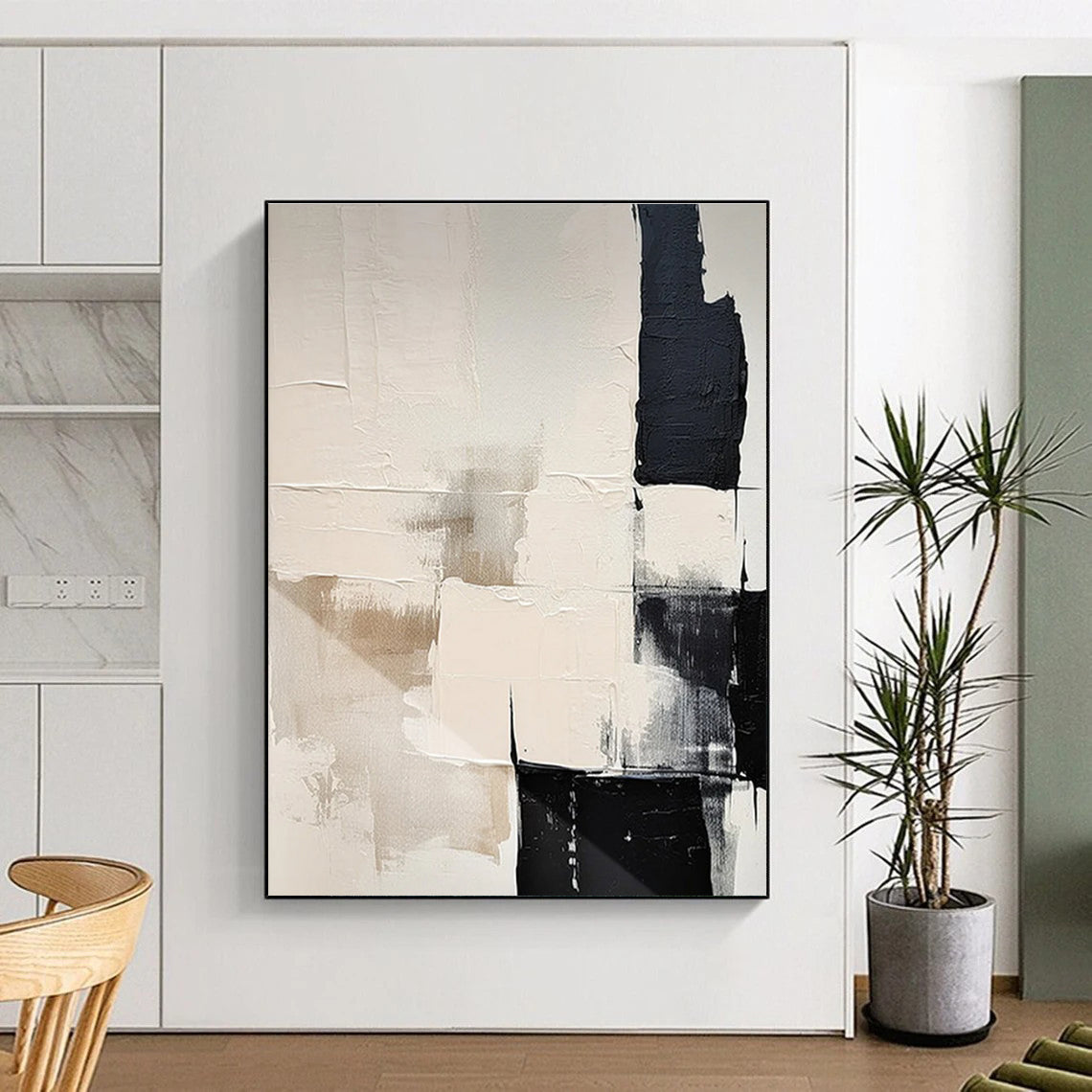 Contemporary Black and White Blocks Abstract Painting for Urban Loft Apartments HENG056