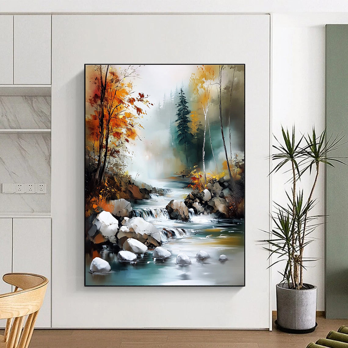 River in Autumn Forest Serene Landscape Abstract Painting GAB0326