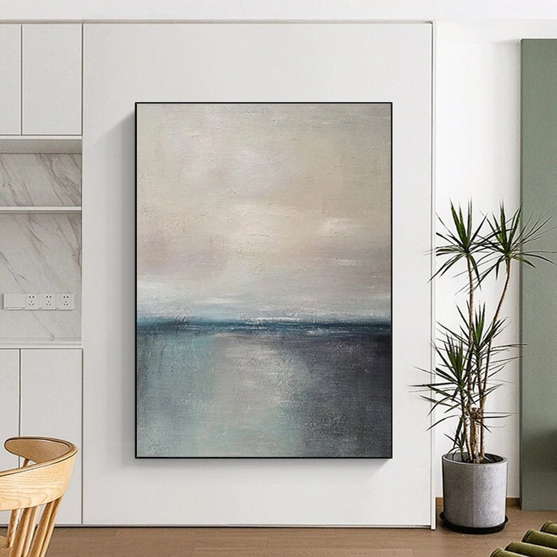 Minimalist Sea and Sky Abstract Painting for Coastal Bedroom Retreats HENG034