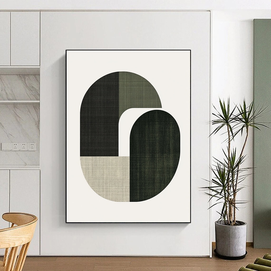 Green and Black Shapes Minimalist Abstract Painting GAB0337
