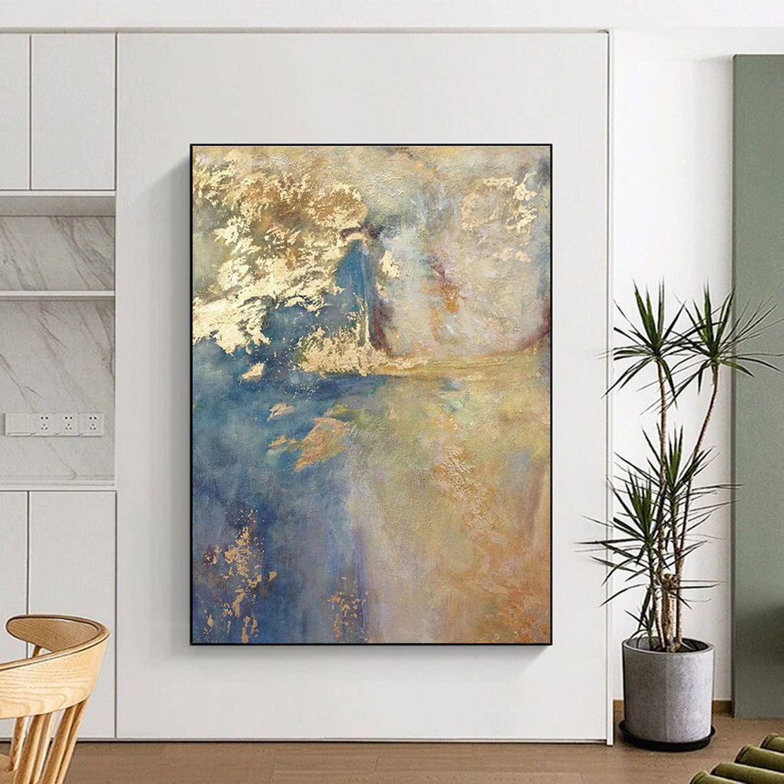Blue and Gold Abstract Landscape Painting for Elegant Dining Rooms HENG518