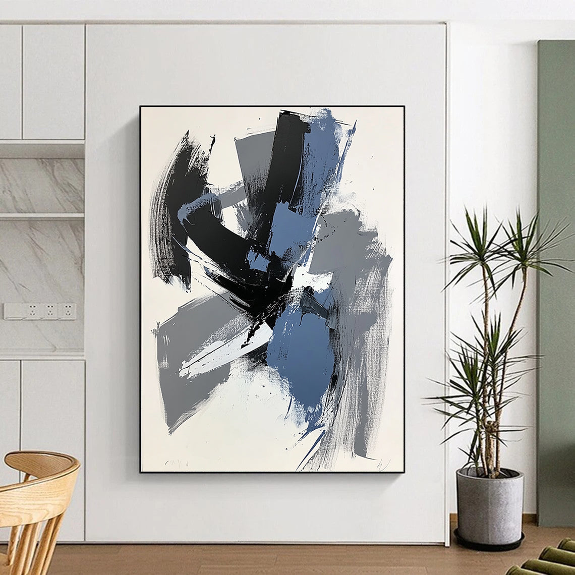 Gray Black and Blue Abstract Painting with Expressive Layers WINK824