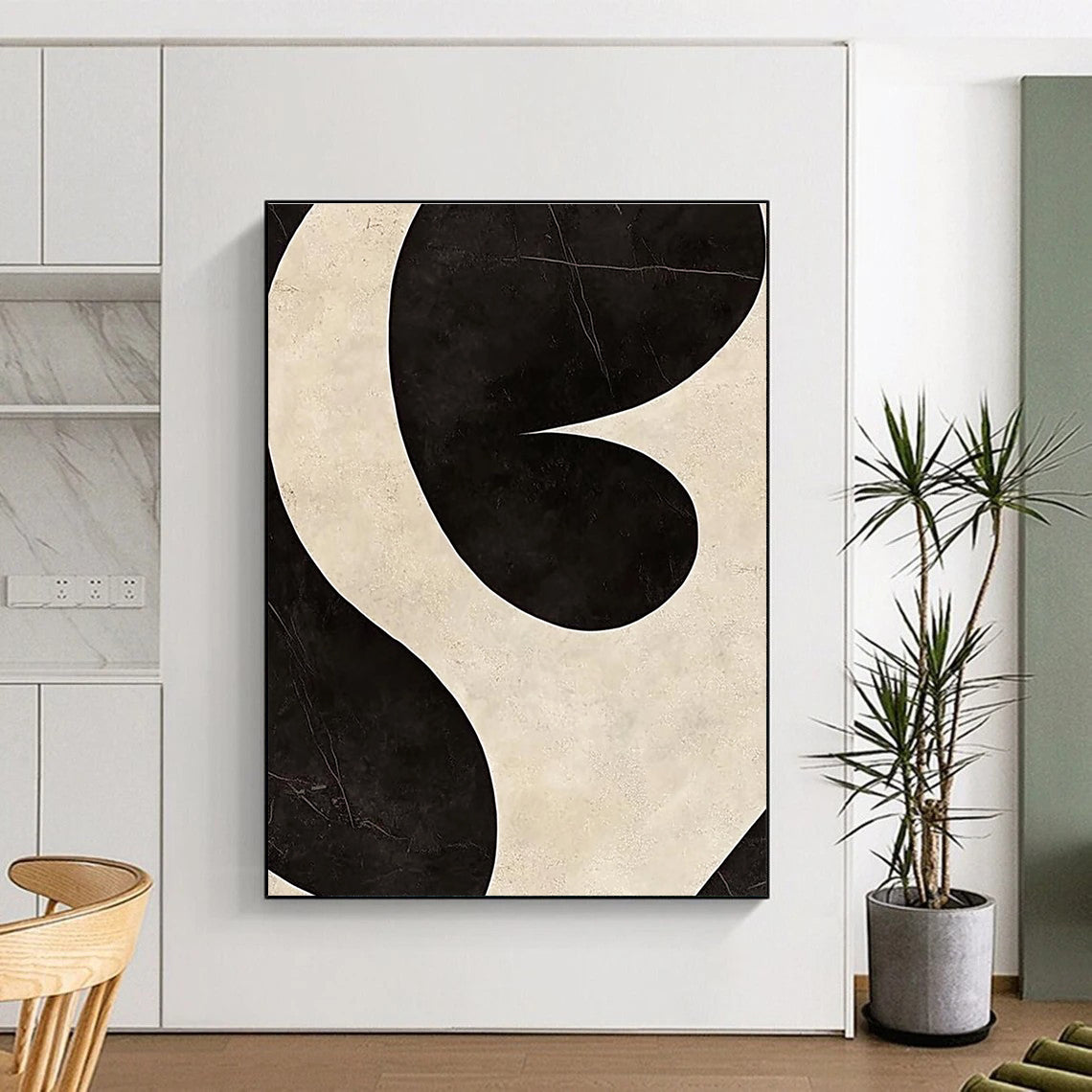 Black and White Curved Abstract Painting with Dynamic Contrast WINK065