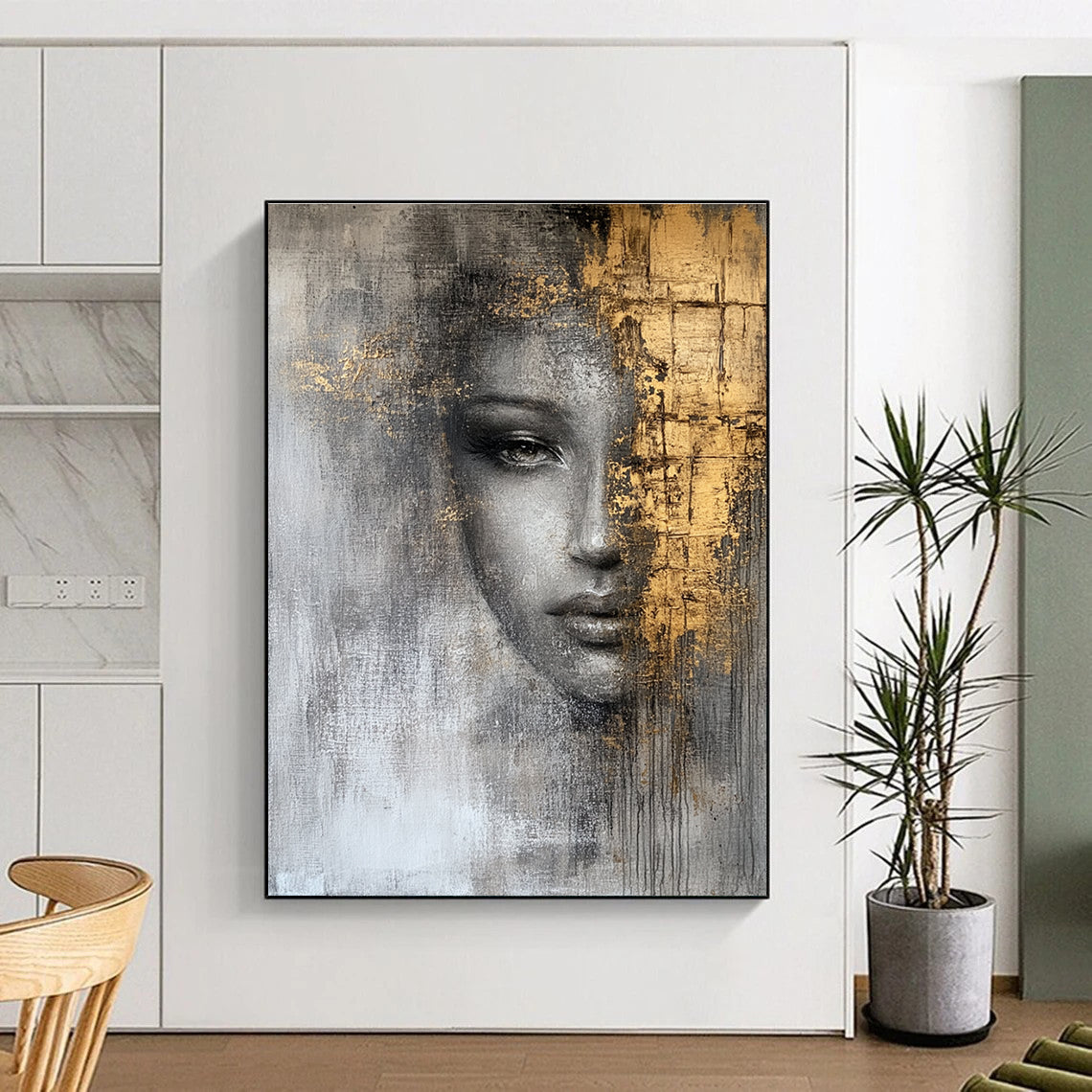 Gray and Gold Portrait Abstract Painting for Luxury Living Rooms GAB0973