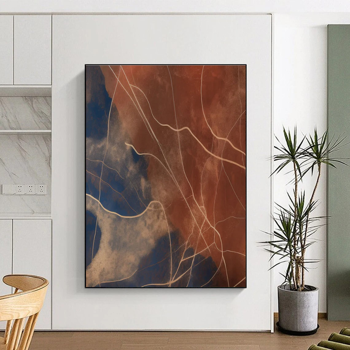 Brown - Blue Line Abstract Painting for Modern Living Rooms HENG120
