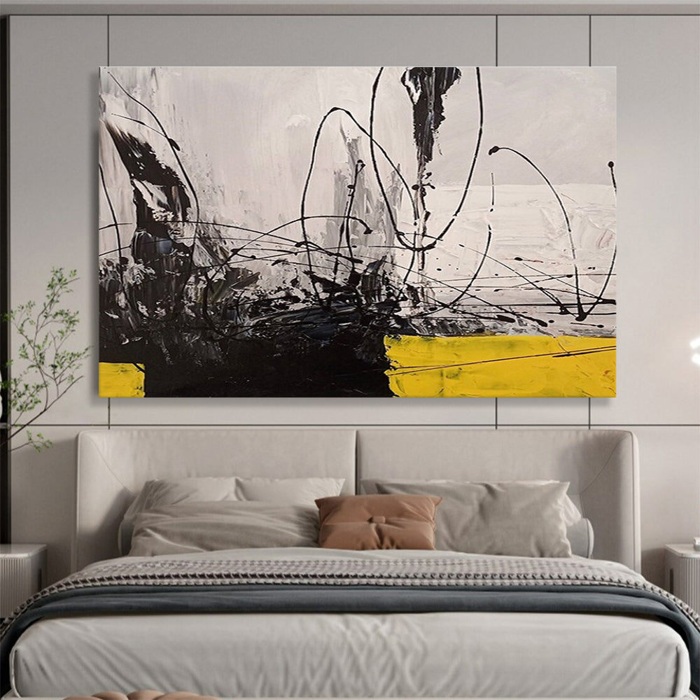 Black - White - Yellow Abstract Painting for Dramatic Spaces YHT008
