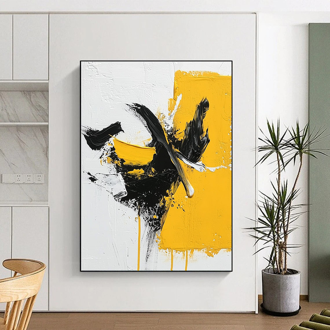 Bold Yellow and Black Abstract Painting for Modern - Styled Offices GAB1014