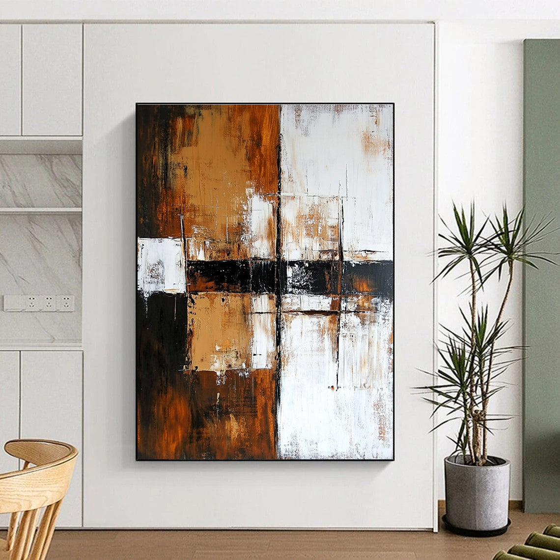 Brown and Black Grid - Patterned Abstract Painting for Industrial - Style Offices GAB0890