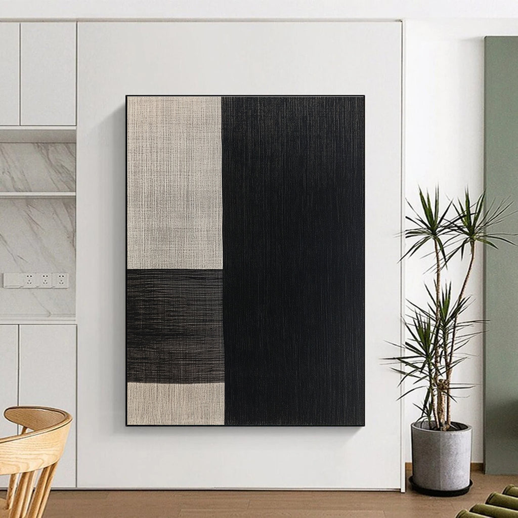Black and Beige Textured Squares Abstract Painting with Tactile Simplicity WINK015