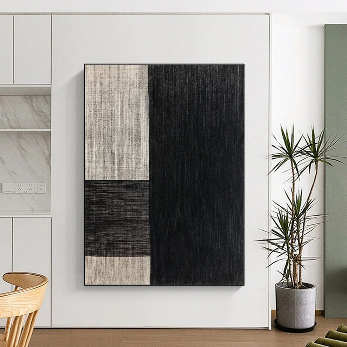 Black and Beige Textured Squares Abstract Painting with Tactile Simplicity WINK015