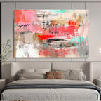 Pink and Gray Abstract Painting with Playful Text and Strokes ABS434
