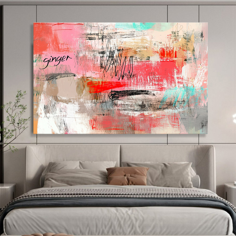 Pink and Gray Abstract Painting with Playful Text and Strokes ABS434