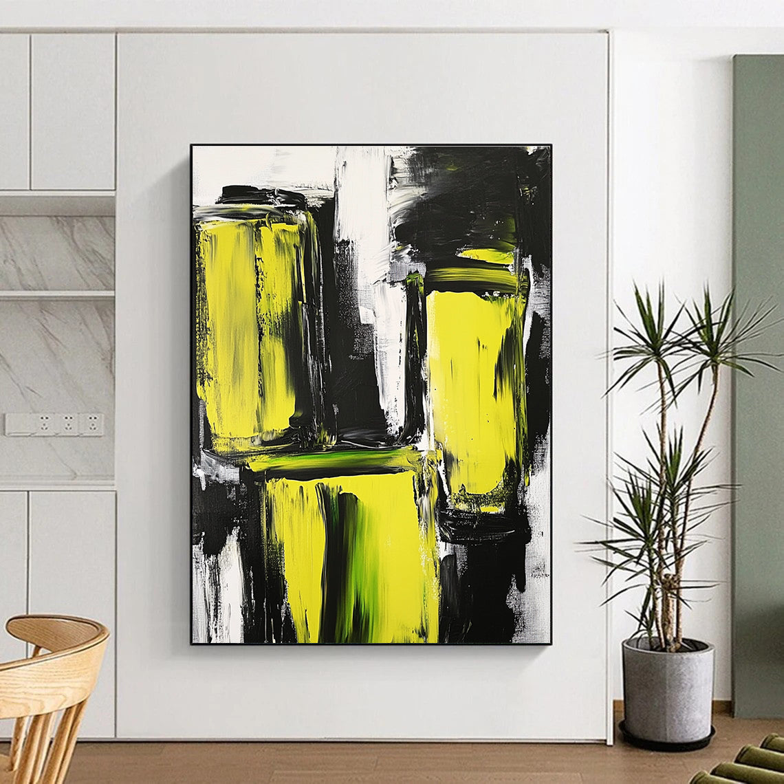 Vibrant Yellow Black Abstract Painting with Energetic Contrast WINK593