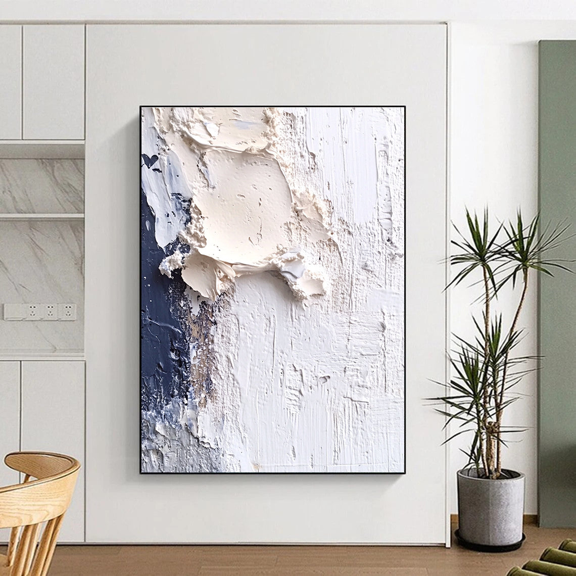 Textured White and Blue Abstract Painting for Coastal - Inspired Cafes GAB1009