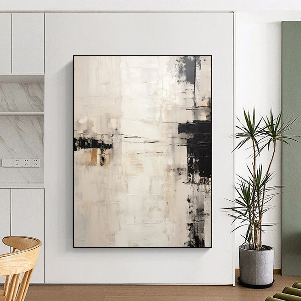 Black - White - Beige Abstract Painting for Minimalist Home Interiors HENG131