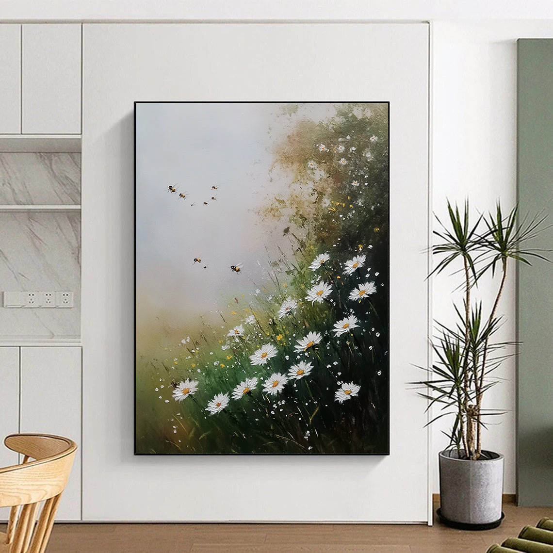 Daisies and Bees Charming Floral Abstract Painting GAB0336