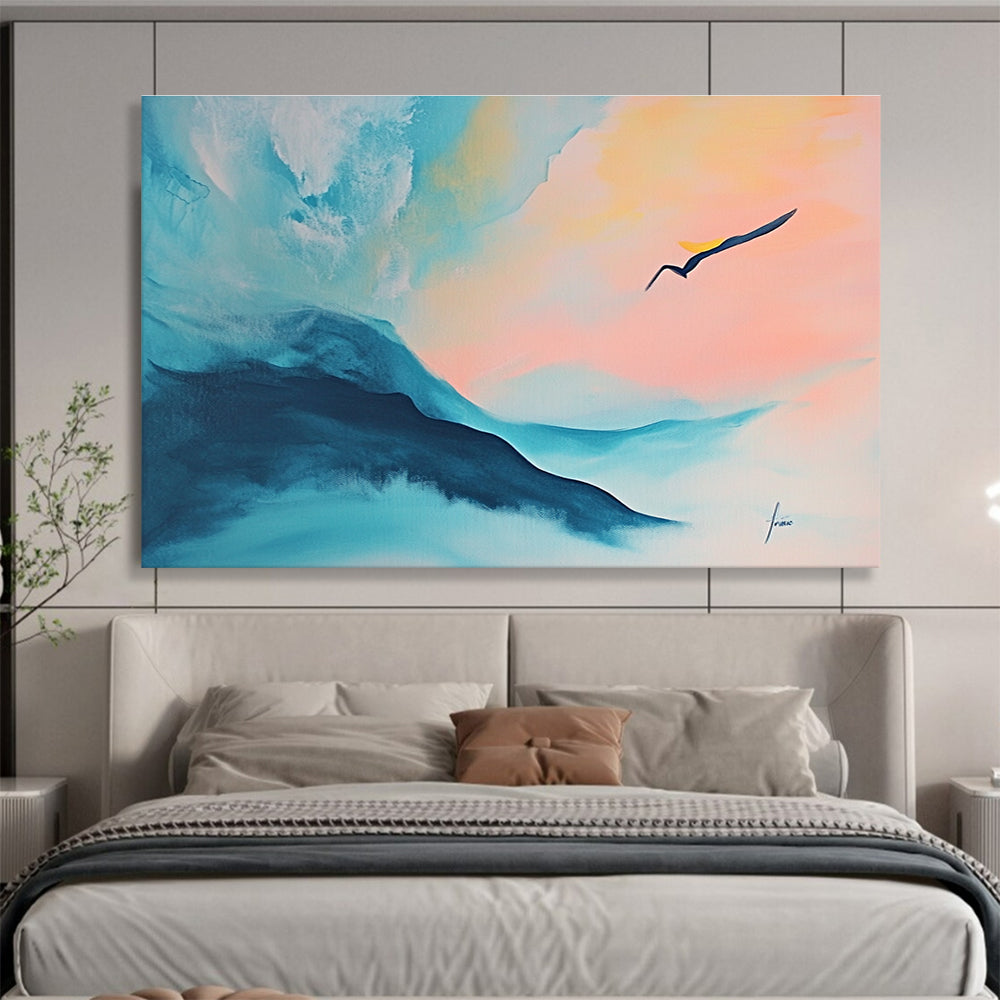 Pastel Mountain - Bird Landscape Art Evoking Ethereal Beauty and Gentle Motion Abstract Painting ABS145