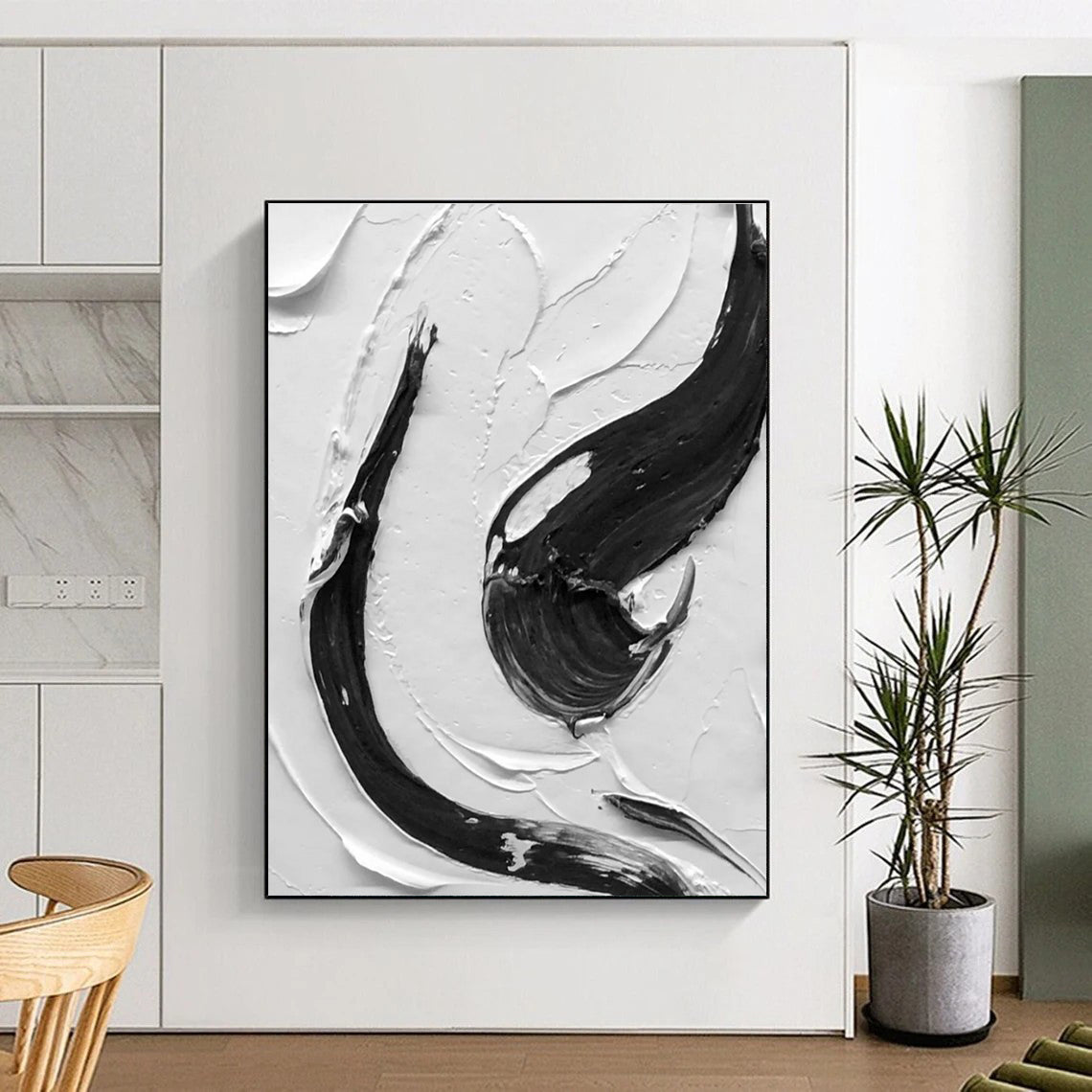 Black - White Vertical Stroke Art Abstract Painting for Contemporary Entrances HENG377