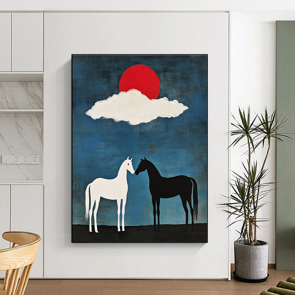 Symbolic Black and White Horses Under Red Sun Abstract Painting GAB0035
