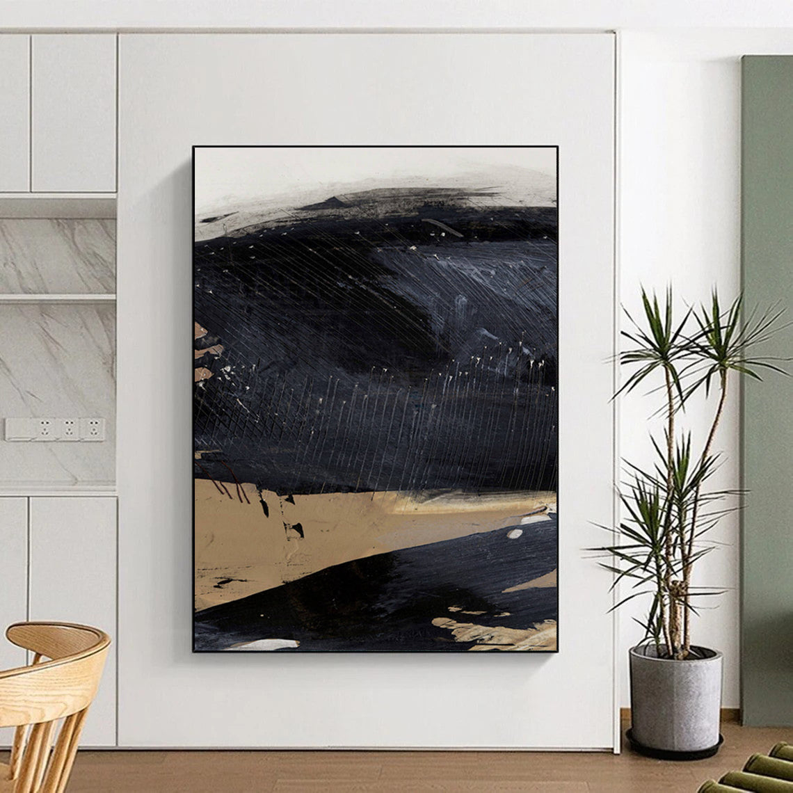 Textured Black - Beige Abstract Painting for Minimalist Home Studios HENG203