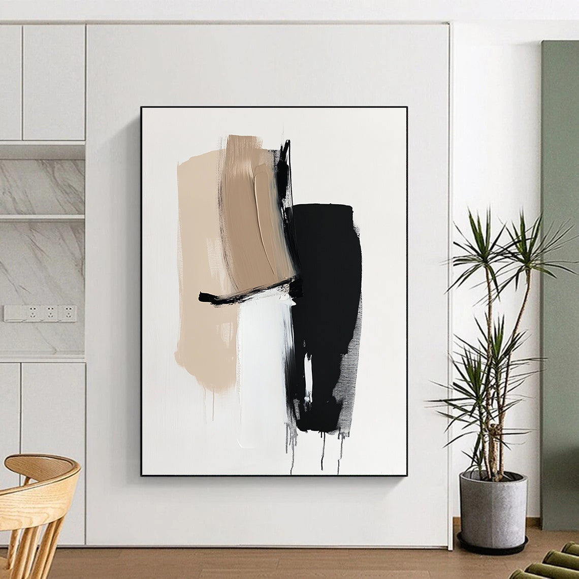 Beige Black White Abstract Painting with Minimalist Forms WINK632