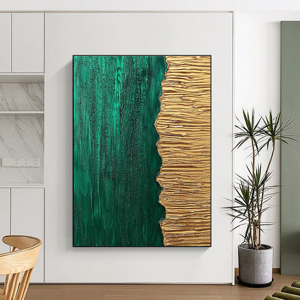 Green and Gold Abstract Painting with Textured Surfaces WINK835