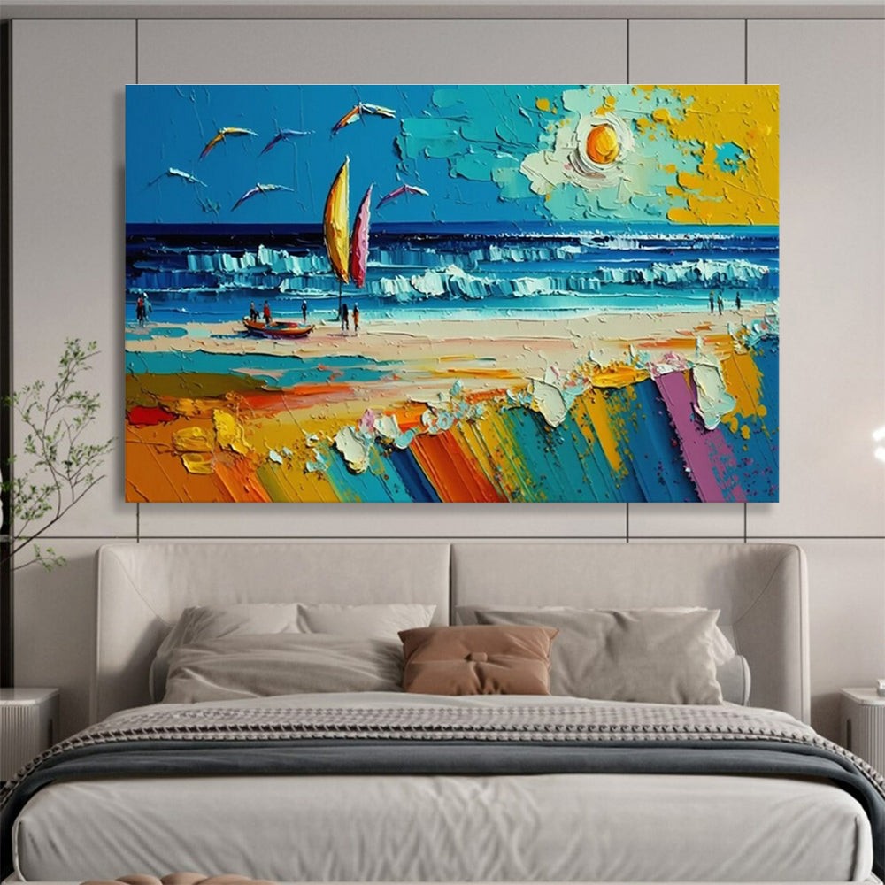 Beach Scene with Sailboat Abstract Painting for Vacation Home Interiors YHT313