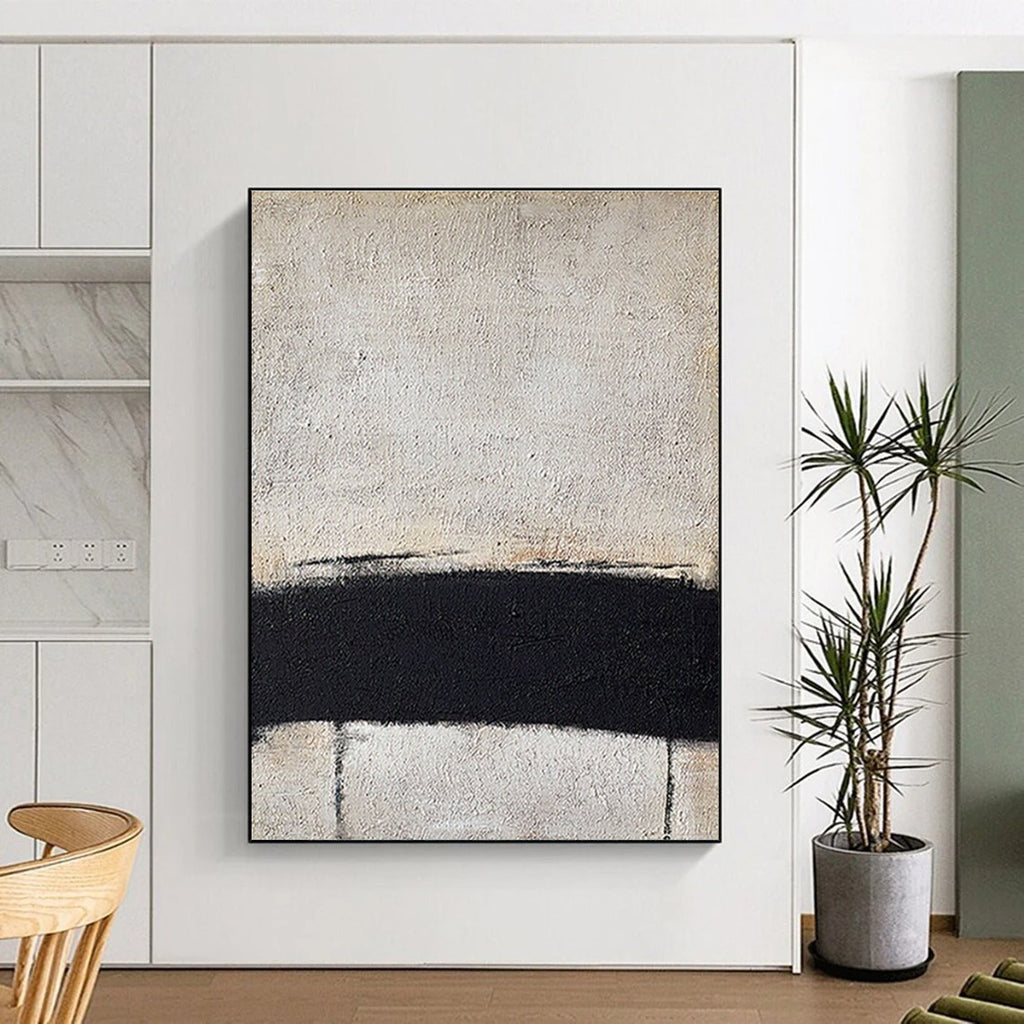 Minimalist Black and White Horizontal Line Abstract Painting for Monochrome Bedrooms HENG353