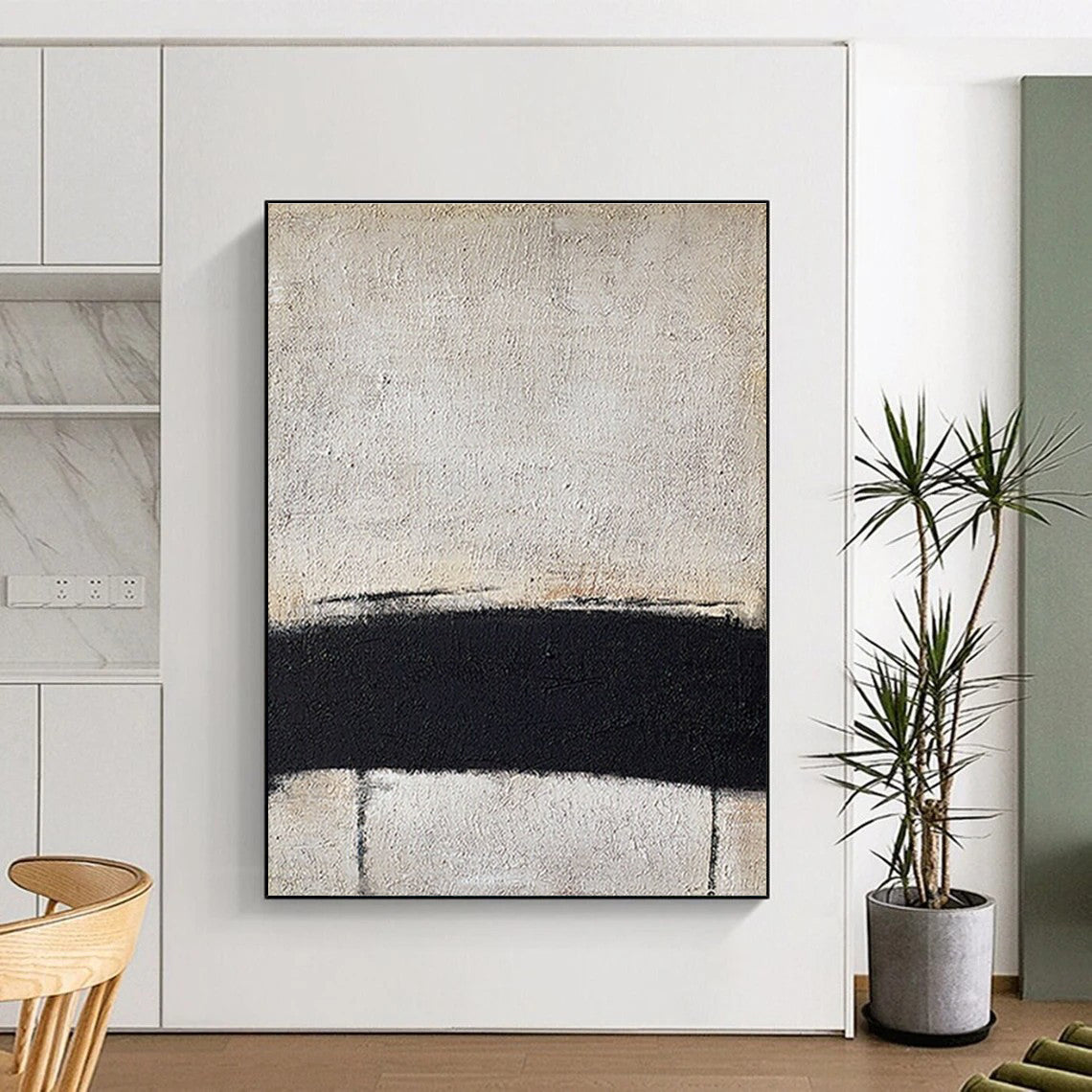 Minimalist Black and White Horizontal Line Abstract Painting for Monochrome Bedrooms HENG353